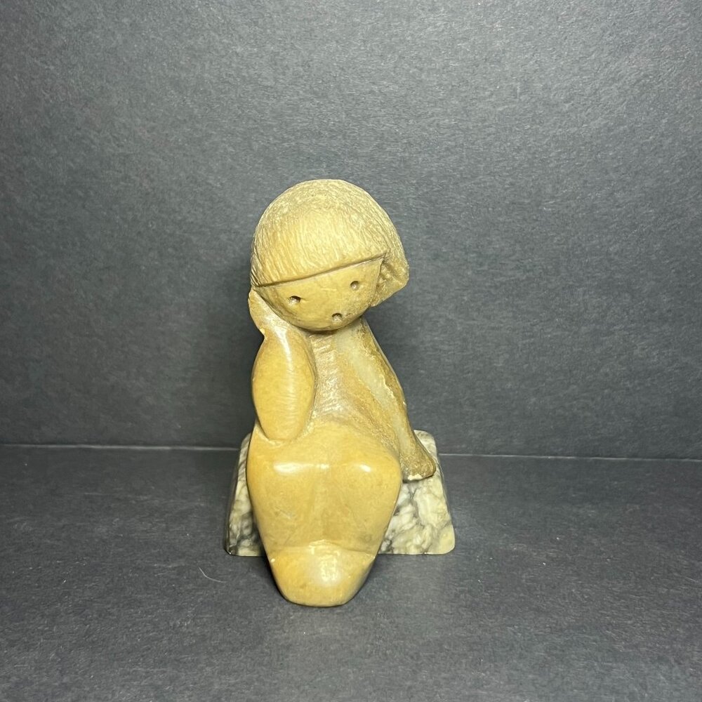 Vintage Hand Carved Soapstone Sitting Girl in Thinking Pose Figurine 2.75"